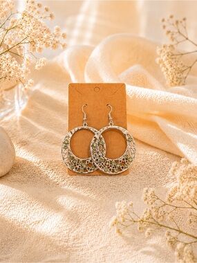 Silver Hoop Earrings with Green Iridescent Accents - Women Fashion Jewelry NWOT